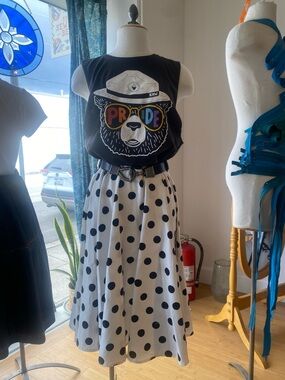SOLD OOAK Upcycled Black 'Pride' Bear Graphic Tank White Polka Dot Midi Skirt